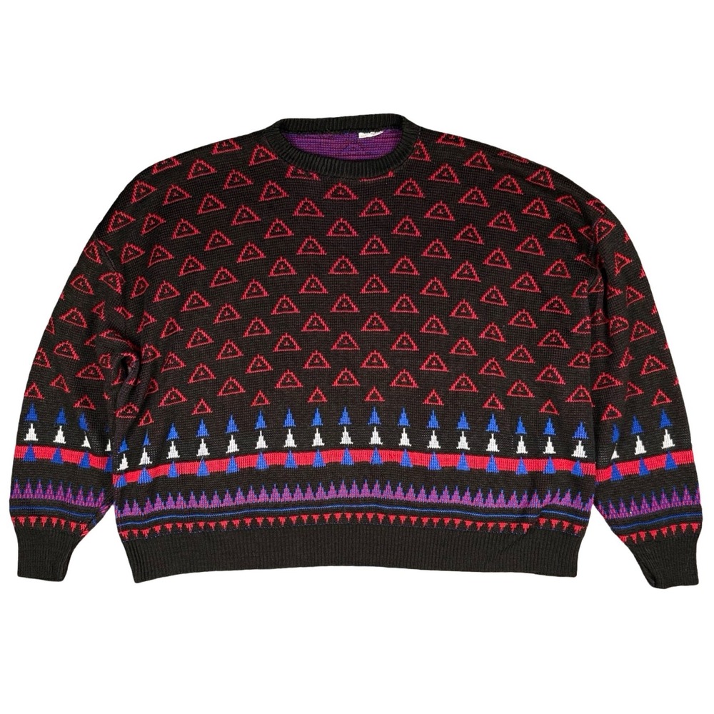 Vintage 90s USA Knit Sweater Geometric Pattern Black Red Blue Mens 1X